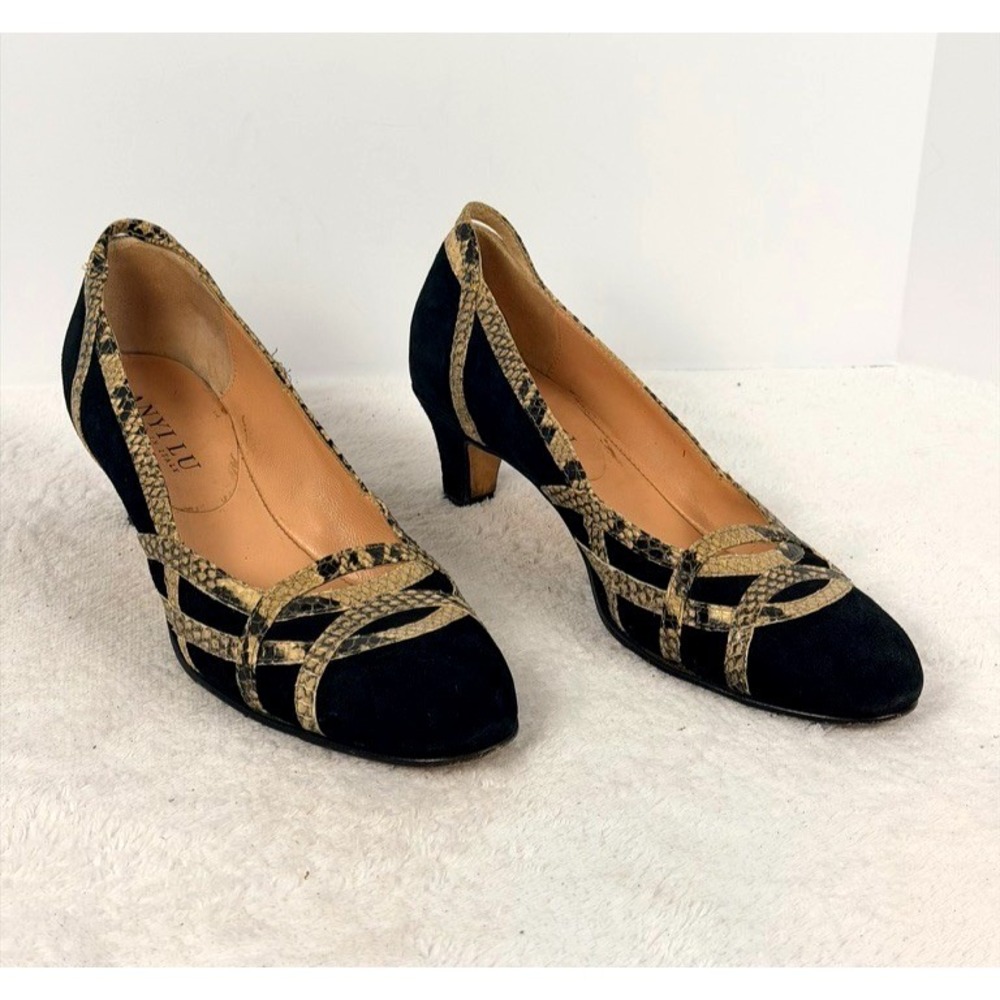 ANYI LU Black Suede Snakeskin Trim Pumps Women's EU 38.5 Italy Low Heel